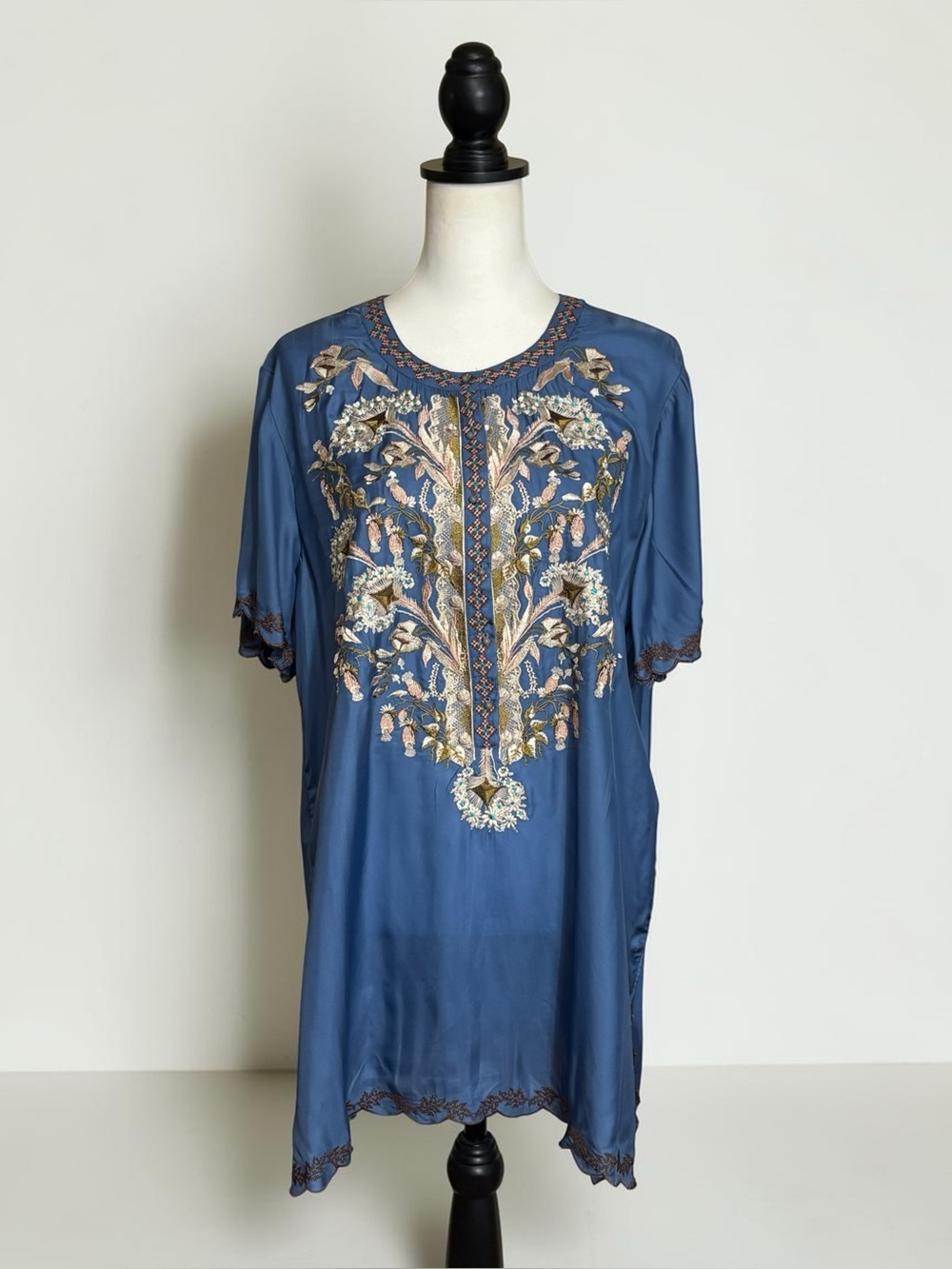 Sundance Embroidered Cupro Tunic Blouse Blue XL Boho